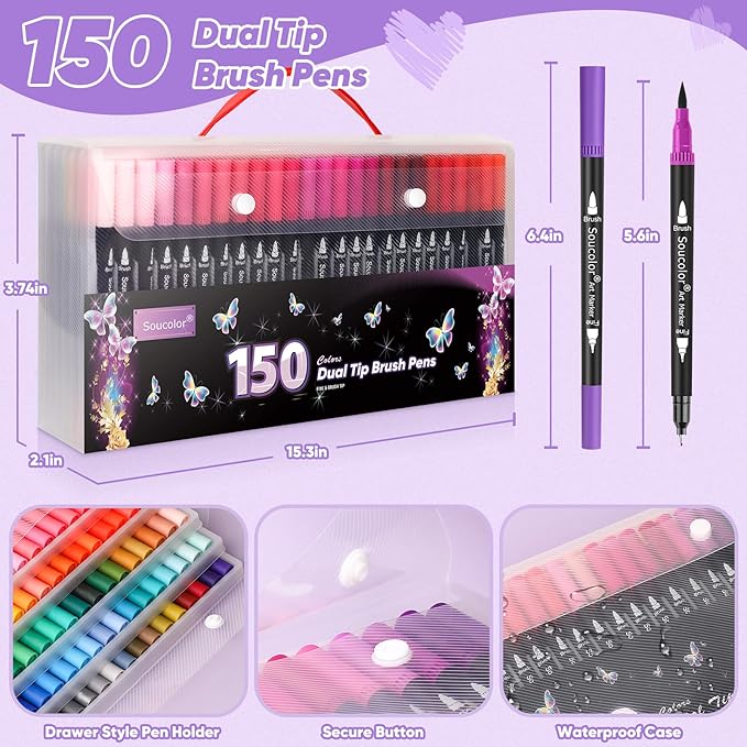 Soucolor Gifts for Women, Gift Baskets for Women Adult, 150 Colors Dual Tip Brush Markers for DIY Journal Kit Coloring Drawing Sketching, Sister Gifts Sets Box