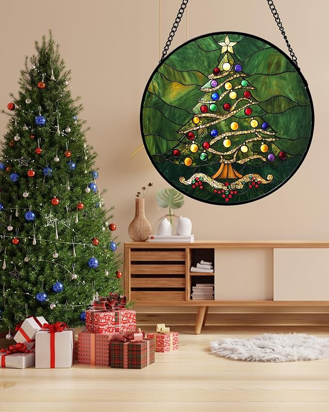 Stained Glass Window Hanging - Green Christmas Tree with Colorful Lights Suncatcher for Doors Home Christmas Decoration Sun Catcher Thanksgiving New Year Birthday Gifts for Women Men Mom Nana 7.8 in