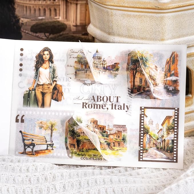 Travel-Themed Vintage Ephemera Sticker Book Set, 60 Pre-Cut PET & Washi Pages for Scrapbooking, Journaling, DIY Projects, and Art Supplies
