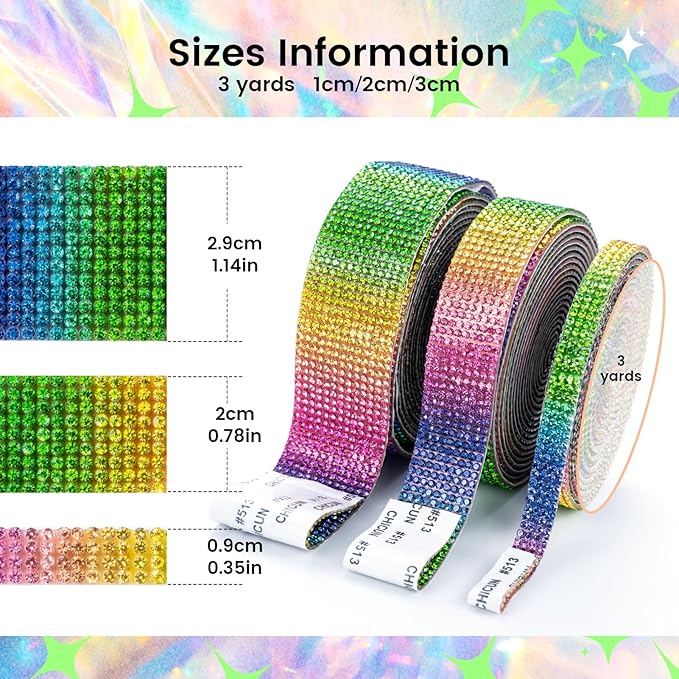 Novani Self Adhesive Rhinestone Ribbon, 1.14 Inch Wide 3 Yards 1 Roll, Rainbow Crystal Diamond Bling Strips for DIY Crafts, Home Decor, Glitter Glass Rhinestones for Crafting, Car Decoration