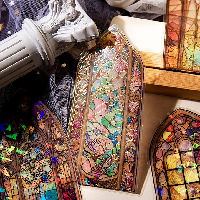 60PCS Large Holographic Gothic Stained Glass Window Medieval Stickers – Vintage Clear Cathedral Religious Art Decals for Scrapbooking, Journaling, Christian Bible Study, Art Crafts Supplies