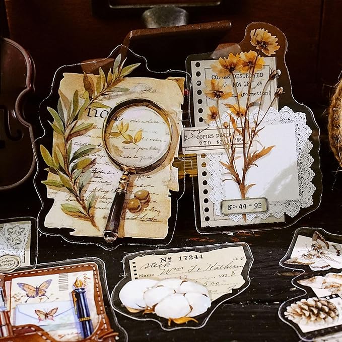 240 Pieces Vintage Writing-Themed Aesthetic Stickers, Waterproof PET Decals for Scrapbooking, Bullet Journals, Planners, Flower, Butterfly, Writing Paper, Envelope Stickers for Adult DIY Crafts