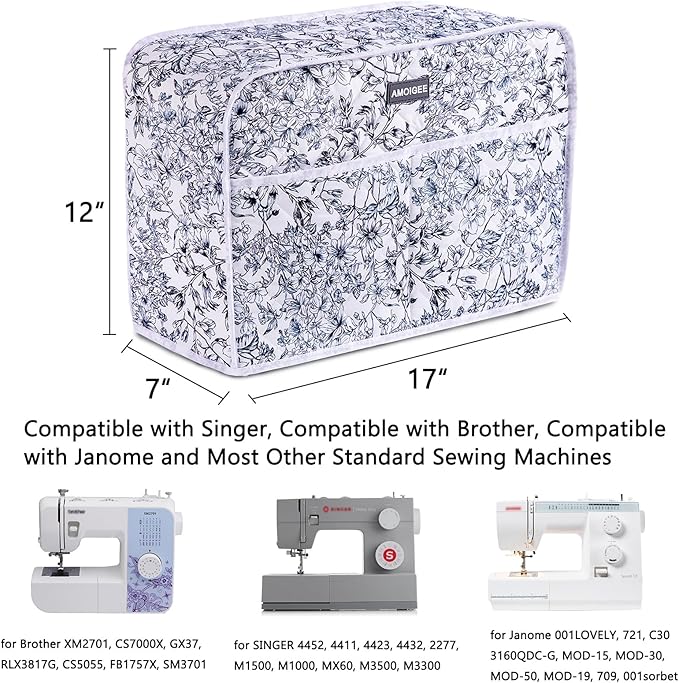 AMOIGEE Sewing Machine Cover for Brother, Singer, Janome – Quilted Dust Cover with Storage Pockets, Padded Protective Sewing Machine Case Fits Most Standard Sewing Machines (17" x 7" x 12")