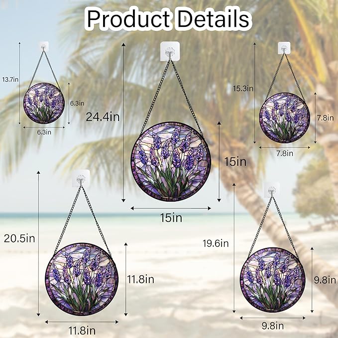 Stained Glass Window Hanging - Purple Flowers Suncatcher for Door Terrace Garden Home Decor Lavender Plant Floral Sun Catcher Birthday Gifts for Lovers Women Men Dad Mom Nana 6.3 in
