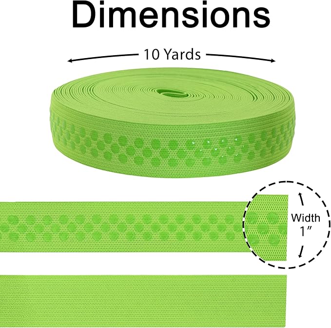 Mandala Crafts 1 Inch Elastic Silicone Gripper Tape for Clothing - 10 Yds Dotted Non Slip Elastic Band for Sewing - Lime Green Silicone Flat Fabric Stretchy Ribbon Straps