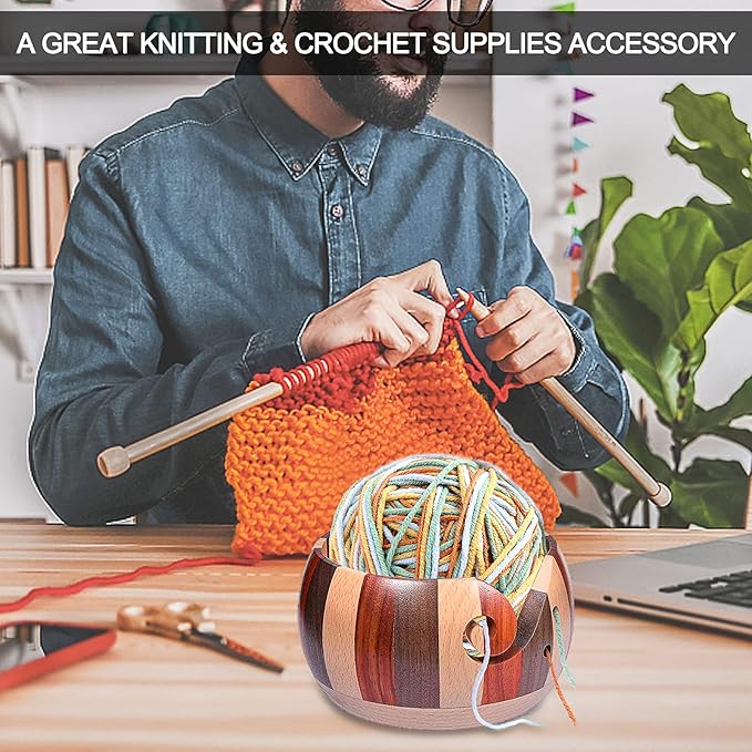 Coopay Wool Yarn Bowl Rosewood, Handmade Wooden Yarn Storage Bowl With Holes, Knitting Wool Storage Bowl Round - Ideal Knitting Crochet Accessories for Knitters