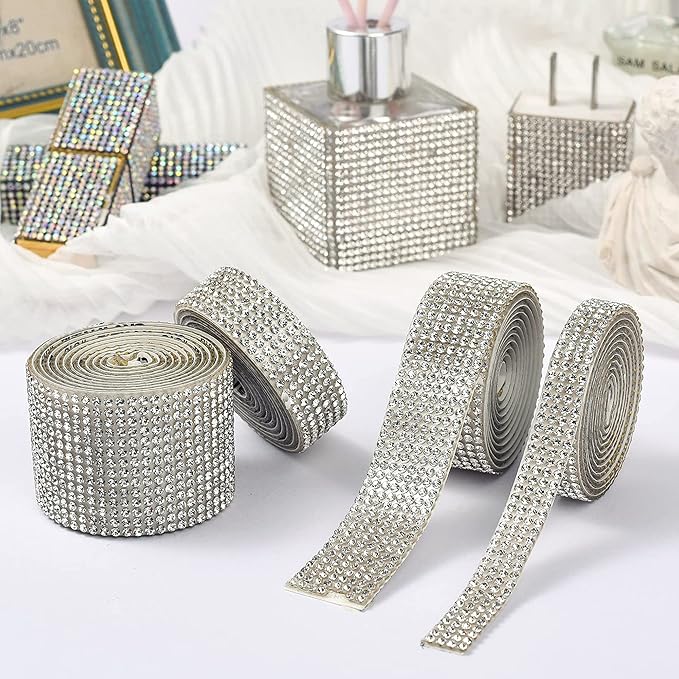 4 Rolls Self Adhesive Crystal Rhinestone Ribbon Diamond Bling Tape with 2 mm Rhinestones Strips Sticker for Arts Crafts Wedding Birthday Party DIY Event Car Phone Decoration (Silver)