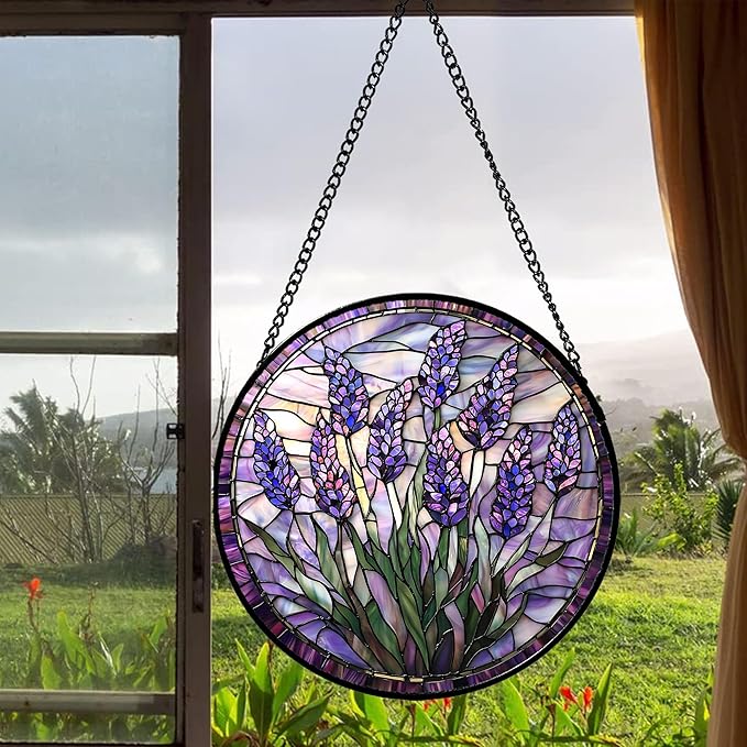 Stained Glass Window Hanging - Purple Flowers Suncatcher for Door Terrace Garden Home Decor Lavender Plant Floral Sun Catcher Birthday Gifts for Lovers Women Men Dad Mom Nana 6.3 in