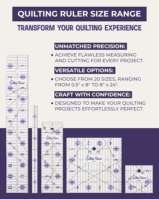 The Quilted Bear Quilting Rulers - Transparent Acrylic Non Slip Quilting, Patchwork & Sewing Ruler with Clear Black Lines & 30, 45 & 60 Degree Angles for Perfect Accuracy & Precision (4" x 4")