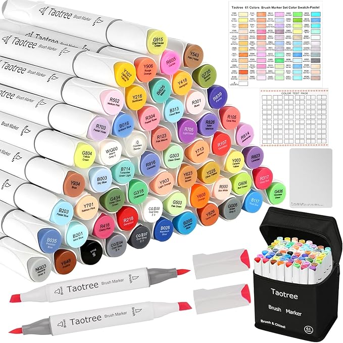 Taotree Alcohol Brush Markers Set Art Supplies, 61 Colors Dual Tip Art Coloring Markers Pens, Brush & Chisel Tip Sketch Pens, Drawing Supplies Gift for Artist Adult Coloring Book Painting, Sketching