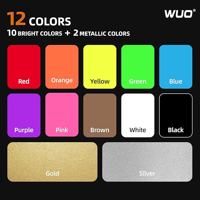 WUO Window Chalk Markers,12 Colors Car Markers,10mm 3-In-1 Jumbo Wide Nib, Dust-Free & Non-Toxic - Erasable Blackboards Marker For Rock Painting, Poster, Stone, Ceramic, Glass