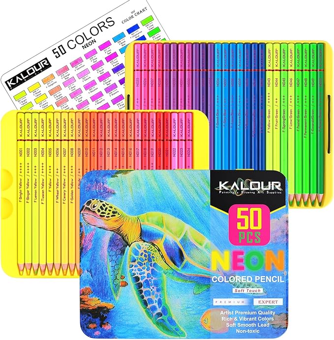 50 Neon Colored Pencils for Adult Coloring Books, Fluorescent colored Professional Drawing pencils Set Art Supplies Kit for Adults Beginners Artists, Soft Core