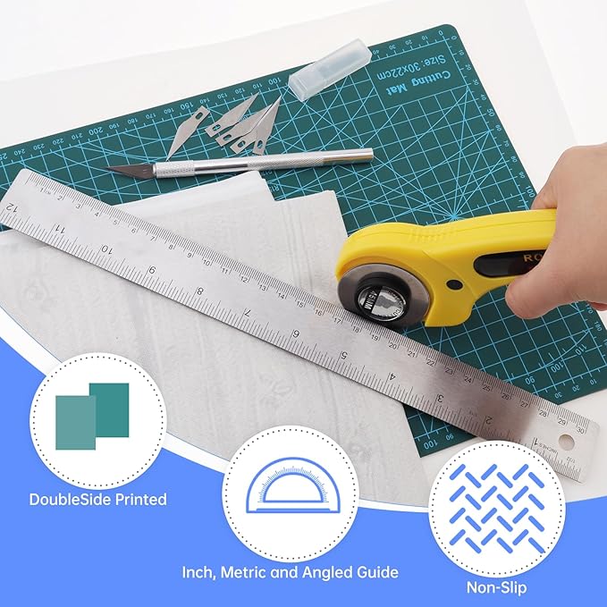 Rotary Cutter Set, 45mm Fabric Cutter, A4 Cutting Mat 11.8x8.6inch, Dual Scale Quilting Ruler and Craft Knife Set, Ideal for Crafting, Sewing, Scrapbooking, Patchworking