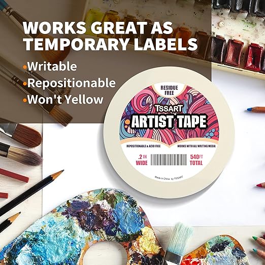 3 Pack White Artist Tape - Masking Artists Tape for Drafting Art Watercolor Painting Canvas Framing - Acid Free 0.2 Inch Wide 180FT Long