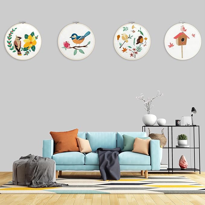 Bonroy 4 Sets Embroidery Set for Beginners, Art Craft, Easy Sewing, Includes Embroidery Clothing, Pattern, Embroidery Hoop, Instruction Manual, Colorful Thread Needles Set (6 Pieces)
