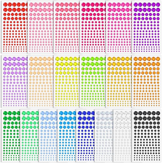 2800 Pcs Self Adhesive face Rhinestones gems Stickers in 20 Colors, 6 Sizes Stick on Jewels for Body, Face, Hair and Craft DIY Decorations(3/4/5/6/8/10mm)