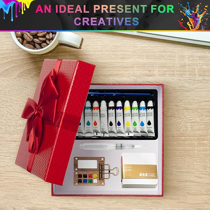 Mini Watercolor Travel Set, 12/24 Color Pocket Painting Kit with Wooden Palette, Watercolor Sketchbook & Pen, All-in-One Portable Art Supplies for Artists & Travel Journaling