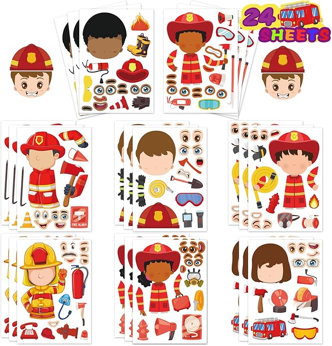 24 Sheets Firefighter Stickers for Kids, Make-a-face Fireman Stickers Sheets, Fireman Themed Sticker Party Favor Supplies Craft School Fire Education Teacher Reward