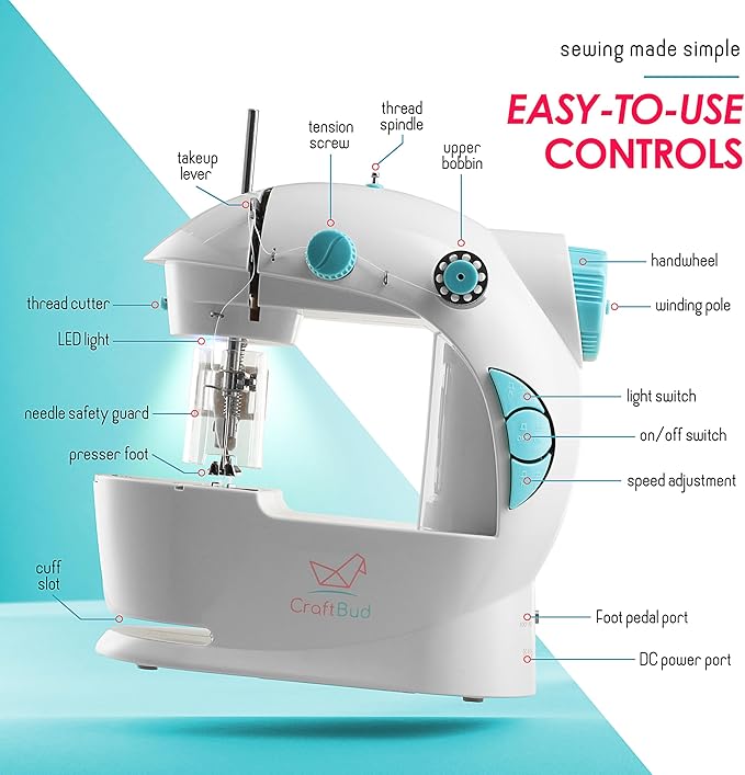 CraftBud Mini Sewing Machine for Beginners, Dual Speed Small Portable Sewing Machine for Kids and Adults with Extension Table, 48 Piece Gift Set Includes, Pedal, Projects Book, Light and More, White
