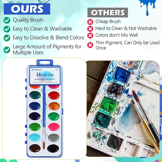 Watercolor Paint Set for Kids - Bulk Pack of 6, 16 Colors Washable Water Color Paints Sets with Paintbrush, Kids Watercolor Paint Set for Coloring, Art, Classrooms and Paint Supplies