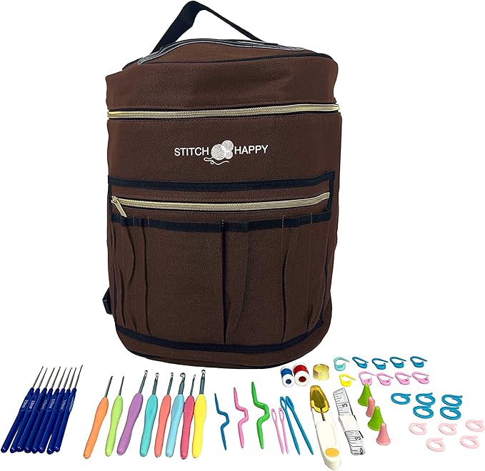 Designer Stitch Happy Crocheting Kit: 52 Piece Crochet Kit for Beginners & 7 Pocket Yarn Bag, Signature Yarn Storage - Chocolate