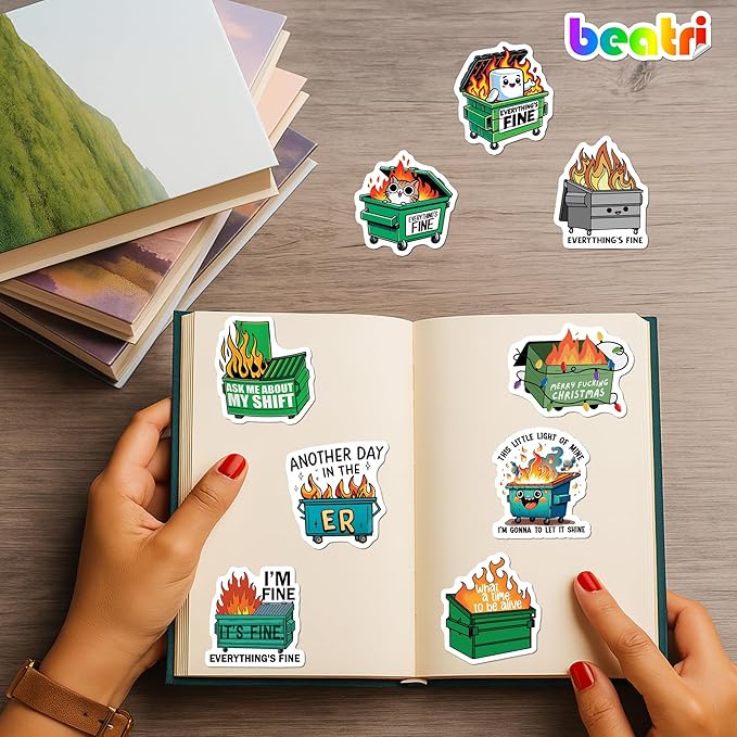 BEATRI Dumpster fire Stickers 50Pcs Vinyl Waterproof Decals for Water Bottles, Journaling,Laptop, Skateboard, Computer, Phone & Travel Gear | Non-Repeating Decals, High-Definition Print