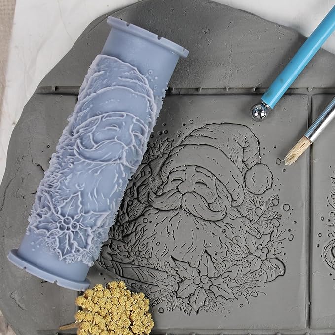 Smiling Santa Clay Texture Roller (4") - Christmas Set #01 - Embossing Pattern Roller for Polymer & Ceramic Clay, Pottery & Crafts