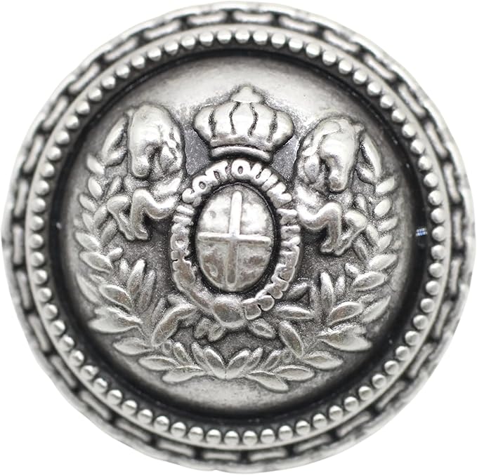 Antique Silver Metal Shank Buttons - 12 Pcs - 5 Size Options - Twin Lion Round Metal Shank Buttons Vintage for Men Women Blazer Coat Uniform Shirt Suit and Jacket Sewing Craft DIY N13602