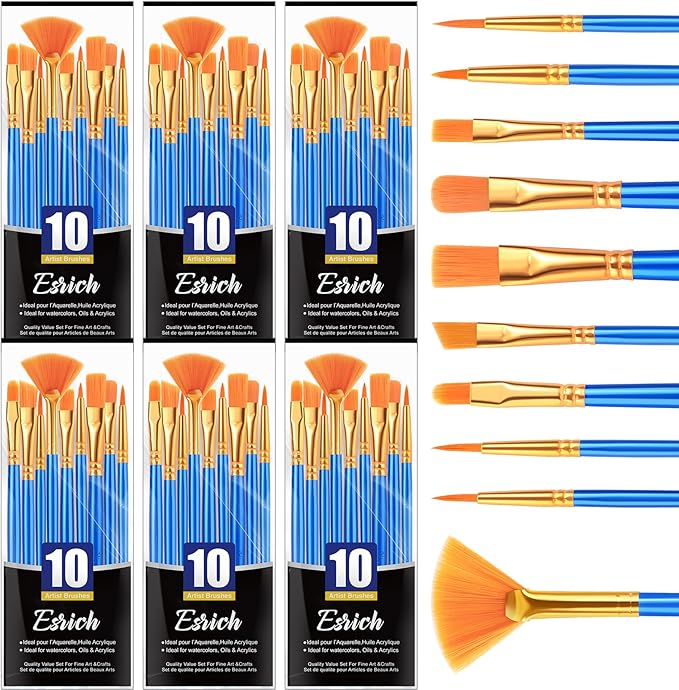 ESRICH Paint Brushes,6Packs-60Pcs Paint Brush for Acrylic Painting,Acrylic Paint Brush Set for Oil Watercolor,Body Face Rock Canvas, Small Paint Brushes for Kids Adult Drawing