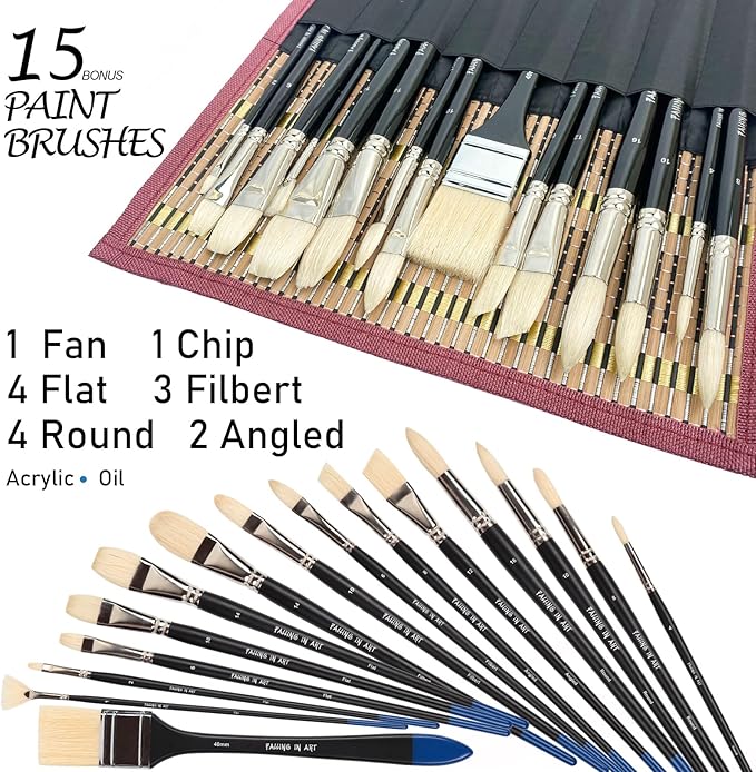 Falling in Art Natural Bristle Professional Paintbrush Set, 15PCS Long Handled Paint Brushes for Acrylic Painting, Oil Paint Brushes with Bamboo Storage Pouch