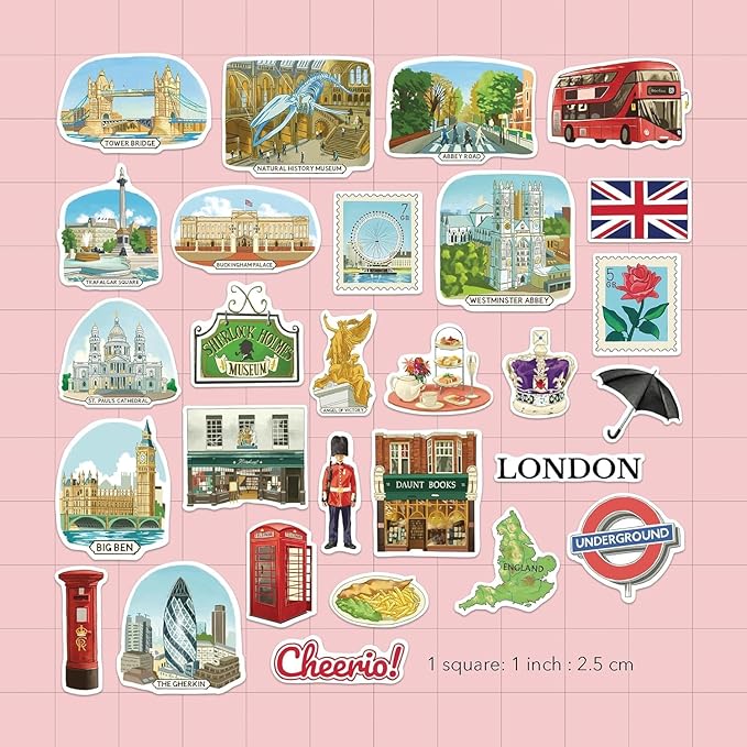 Navy Peony Bustling London Travel Stickers (28pcs) - Gouache Style, English-Themed Vacation Decals for Journals, Scrapbooks, Luggage, Water Bottle
