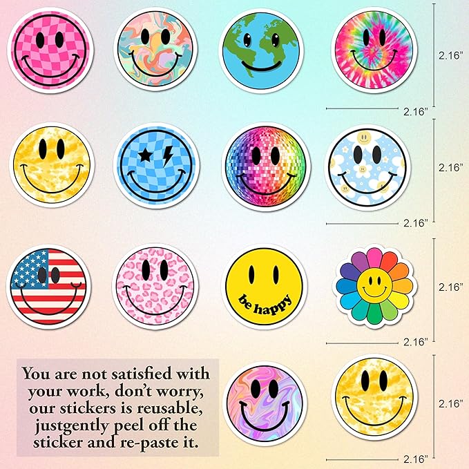 BEATRI Smiley Face Stickers - 50pcs | Waterproof Vinyl Stickers Teaching Rewards, Laptop, Notebooks, Stationery, Luggage | Non-Repeating Decals, High-Definition Print