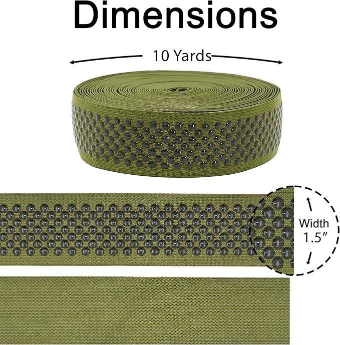 Mandala Crafts 1.5 Inch Elastic Silicone Gripper Tape for Clothing - 10 Yds Dotted Non Slip Elastic Band for Sewing - Olive Green Silicone Flat Fabric Stretchy Ribbon Straps