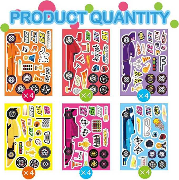 24 Sheets Make Your Own Race Car Stickers, Sporty Racing Car Stickers for Kids, Racing Gifts Party Favors Supplies, Classroom Teacher Reward Educational Toy Art Craft