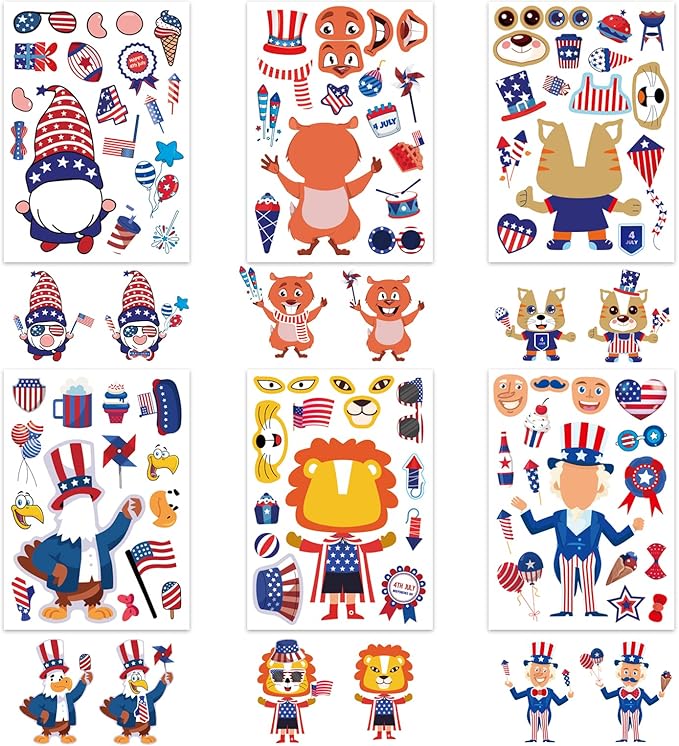 24 Sheets 4th of July Sticker, Make-a-face Sticker for Kids, Independence Day Make Your Own Stickers, Fourth of July American Birthday Patriotic Crafts Stickers, Veterans, Memorial Day