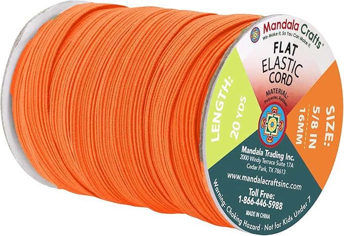 Mandala Crafts 16mm 20 Yds Roll of Orange Elastic Bands for Sewing - 5/8 Flat Elastics Cord - 5 8 Inch Braided Stretch Straps for Crafting