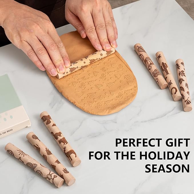 10pcs Wooden Clay Texture Rollers Set for Pottery & Ceramics - Holiday Patterns - Potters Stamp Roller Tools for Ceramic Slabs - Textured Rolling Modeling Pins (SEASONAL - 0.6" Thickness)
