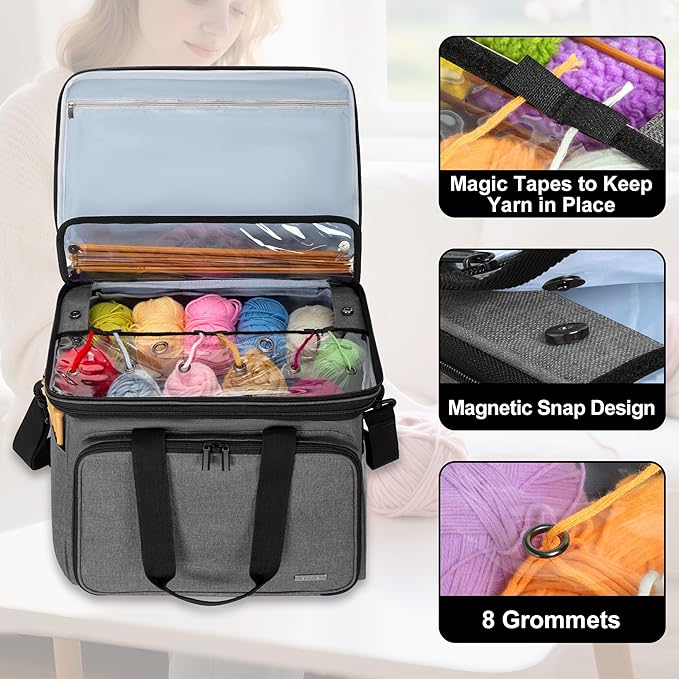 Teamoy Knitting Bag With Divider and Cover, Portable Yarn Storage Organizer for Crochet Accessories and Knitting Needles,Ideal for Knitting Enthusiasts, Gray