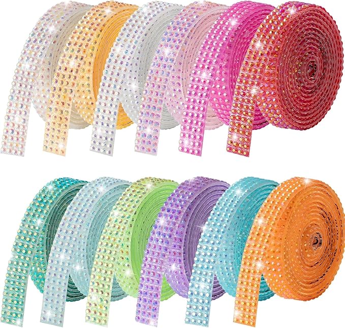 12-Yard Bedazzling Strips, 12-Roll Rhinestone Strips for DIY Craft, Rhinestone Ribbon Self Adhesive, Rhinestones for Crafting, Rhinestones Tape Self Adhesive for Home Decor and Special Events