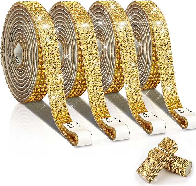 4 Rolls Self Adhesive Crystal Rhinestone Ribbon Diamond Bling Tape with 2 mm Rhinestones Strips Sticker for Arts Crafts Wedding Birthday Party DIY Event Car Phone Decoration (Gold)