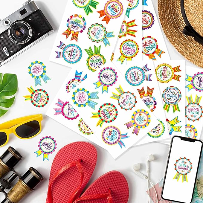 144PCS Happy Birthday Badge Stickers, Birthday Gift Stickers for Kids Adults, Birthday Labels for Home, Classroom Birthday Party Envelope Card Gift Wrapping