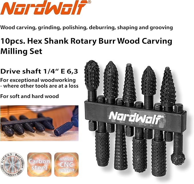 NordWolf 10-Piece Rotary Burr Wood Carving Rasp Files Set, with 1/4" Hex Shank for Wood & Rubber Deburring, Shaping and Grooving