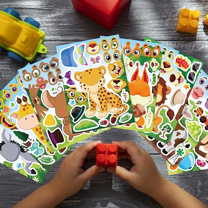 24 Sheets Animal Stickers for Kids Toddler, Jungle Animal Stickers Make-a-face Sticker Sheets Make Your Own Mix and Match Sticker for School Classroom Techer Reward Birthday Gift