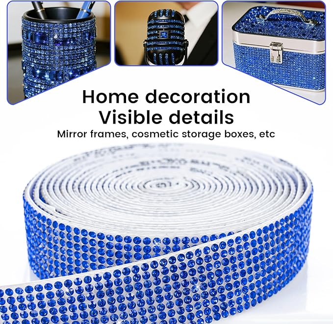 Novani Self Adhesive Rhinestone Ribbon, 0.78 Inch Wide 3 Yards 1 Roll, Royal Blue Crystal Diamond Bling Strips for DIY Crafts, Home Decor, Glitter Glass Rhinestones Tape for Crafting, Car Decoration
