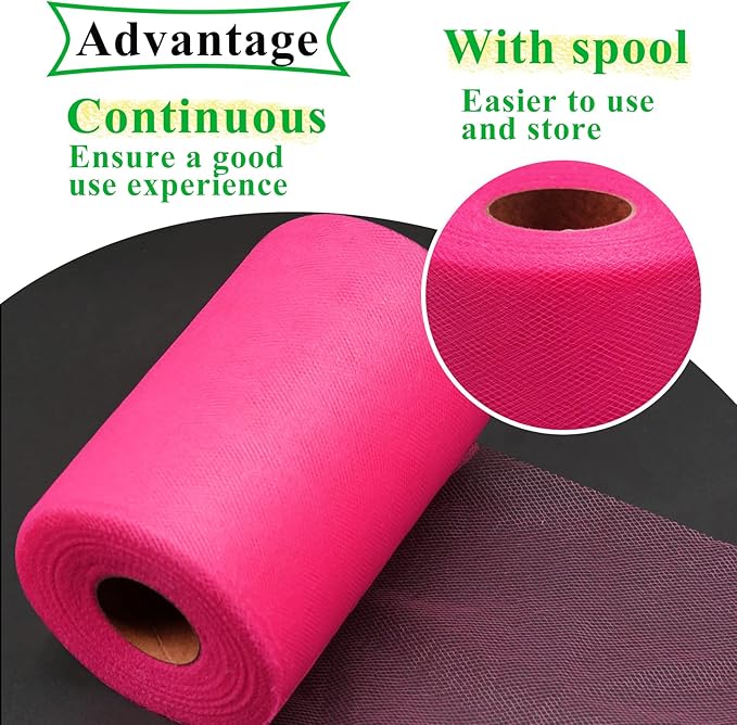 Fuchsia Tulle Fabric Rolls 6 Inch by 100 Yards (300 feet) Fabric Spool Tulle Ribbon for DIY Tutu Baby Shower Birthday Party Wedding Halloween Decorations Christmas Craft Supplies