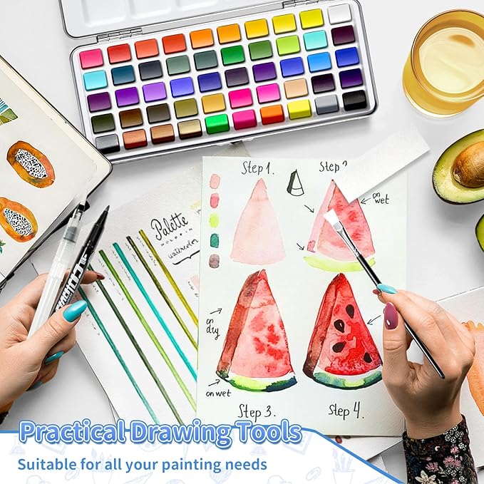GOTIDEAL Watercolor Paint Set, 50 Vivid Colors with Metal Portable Carrying Case, Perfect Travel Water Colors Paint Adult Set for Artists,Beginners,Professionals