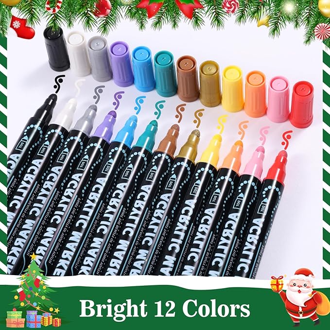 12 Colors Waterproof Dual Tip Acrylic Paint Pens, Dot & Fine Tip Premium Coloring Drawing Markers Set for Wood, Rock Painting, Canvas, Glass, Ceramic Surfaces and DIY Crafts Making Art Supplies