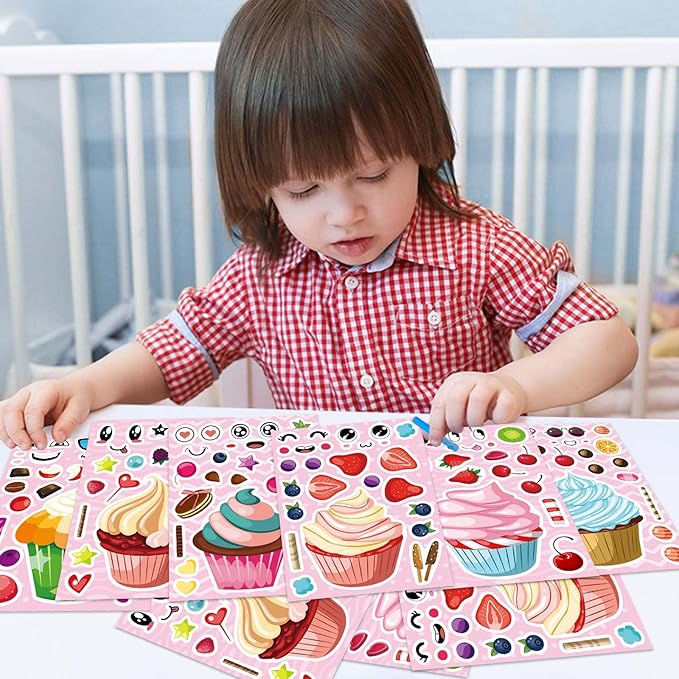 24 Sheets Make-a-face Cupcake Stickers Make Your Own Dessert Stickers Mix and Match Sweets and Fruit Treats Party Favor Supplies for Kids Ice Cream Sticker Games Birthday DIY Art Crafts