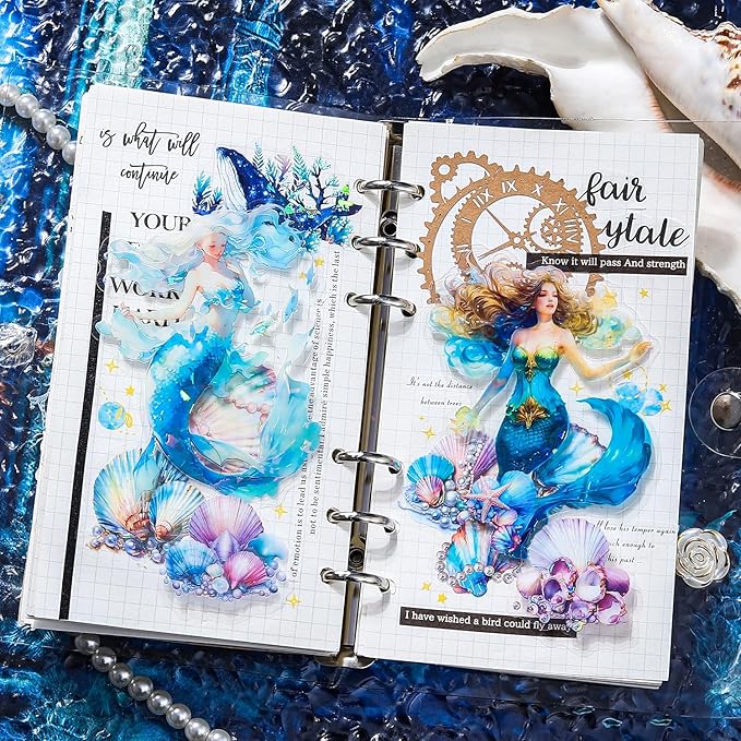 Yoksas Holographic Shiny Fantasy Mermaid Big Stickers - 30Pcs Waterproof Clear Glitter Aesthetic Fairy Tale Scrapbook Stickers for Junk Journals,Planner,Resin Art Supplies