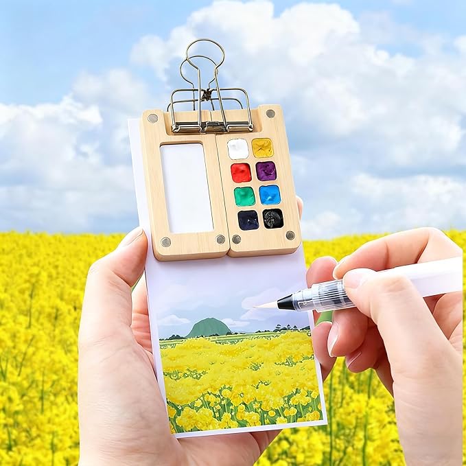 Mini Travel Watercolor Set Pocket Artist Watercolor Travel Set Grid Palette Box Sketch Book Brush Pens With Binder Clips For Painters Artists Students (bamboo, 8 Grids)
